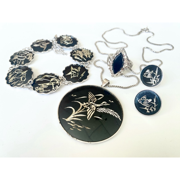 Vintage Amita Japan Damascene Jewelry Set Lot Black Silver Sterling Parure - Picture 9 of 9